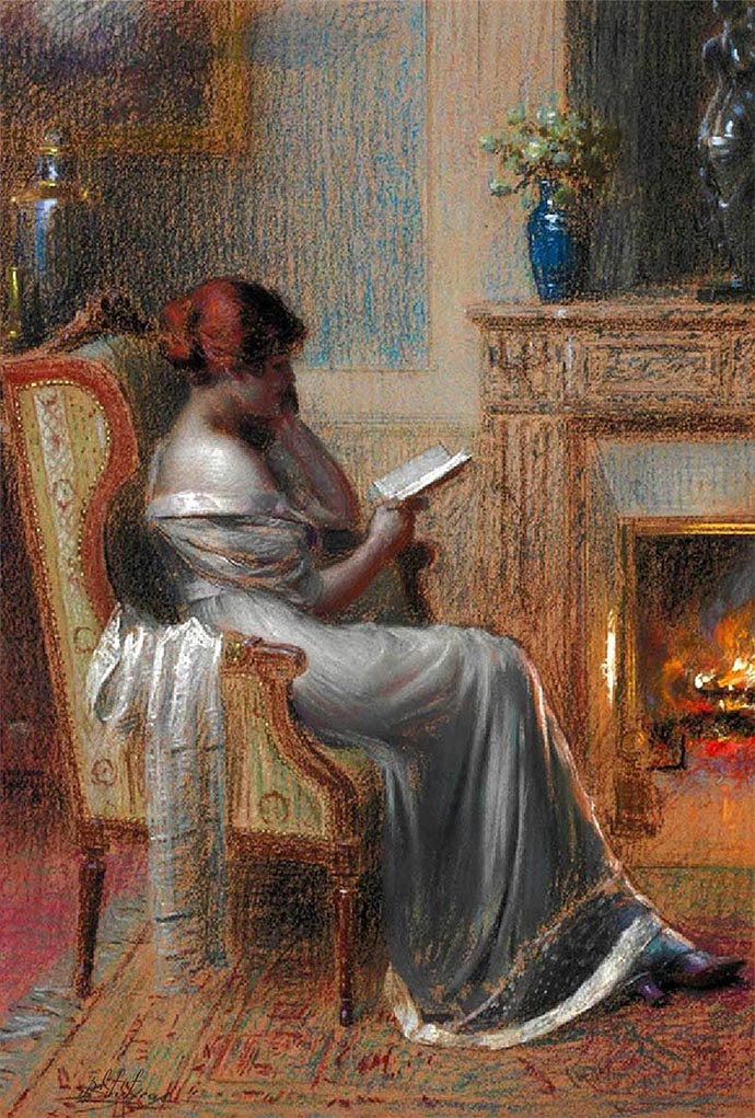 Reading By The Fire, door de Franse kunstenaar Delphin Enjolras.