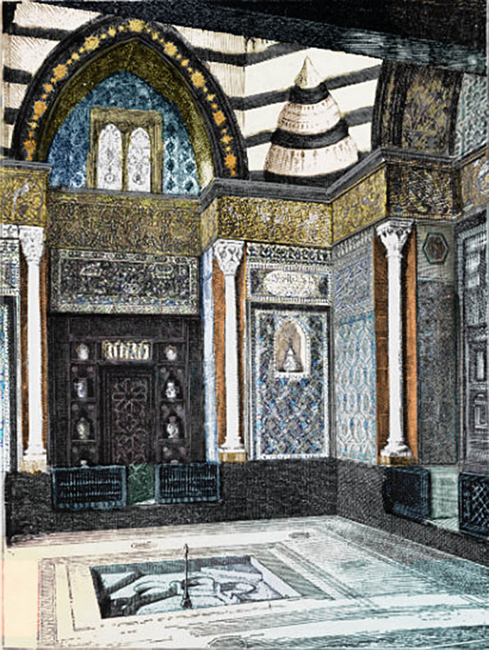 Een eigentijds kijkje in de Arab Hall, die Leighton aan zijn huis toevoegde om zijn collectie Oosterse tegels te huisvesten [Publiek domein]. Ingekleurde versie door My inner Victorian.